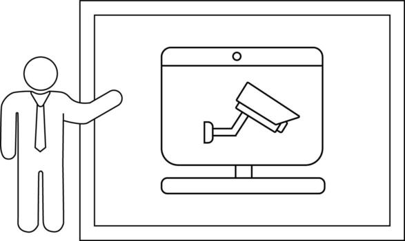 An outlinestyle image shows a person presenting a monitor with a security camera on its screen within a framed display vector