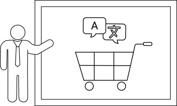 Man presenting a shopping cart displaying A and Chinese character in speech bubbles on a whiteboard vector