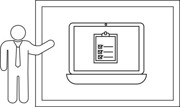 A stick figure presents a laptop displaying a clipboard with three checkmarks in front of a doublelined frame vector