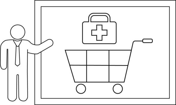 Man presenting shopping cart with medical kit on board in a framed display vector