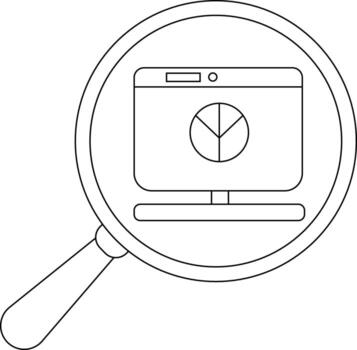 A computer screen showing a pie chart is magnified by a magnifying glass vector