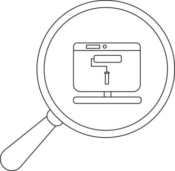 A computer monitor with a paint roller on its screen is viewed through a magnifying glass vector