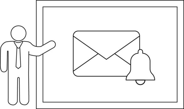 Presenter gestures to a display of an envelope icon with a bell notification symbol vector