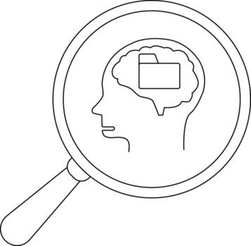 A magnifying glass highlights a head profile with a brain containing a folder vector