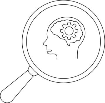 Magnifying glass focuses on a heads profile showcasing a brain with a cog inside vector