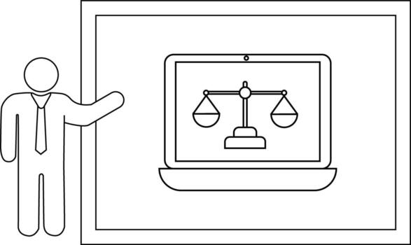 Outline of person presenting a slide of scales on a laptop within a rectangular frame vector