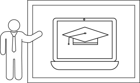 Line drawing of a person gesturing towards a laptop displaying a graduation cap within a rectangular border vector
