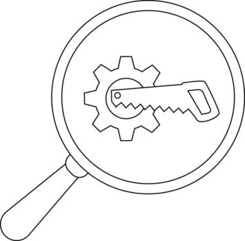 A magnifying glass shows a saw cutting into a gear centered in the frame vector