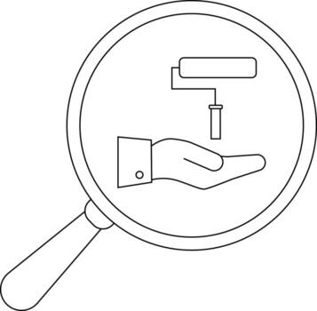 Magnifying glass reveals a hand offering a paint roller Simple clean lines define the objects vector