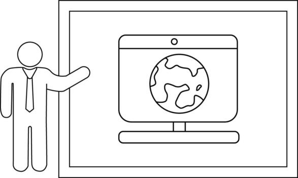 A stick figure presents a computer monitor displaying a globe on a screen inside of a larger frame vector