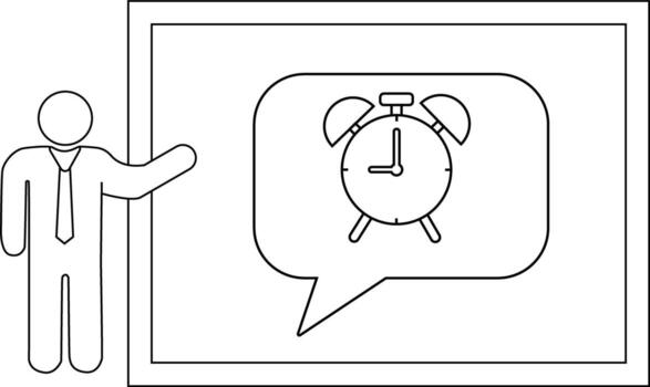 A presenter gestures to a board with a clock in a speech bubble vector