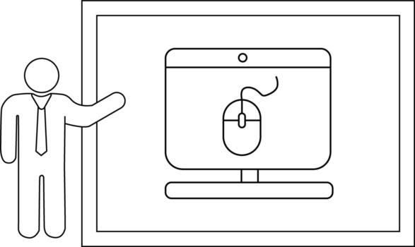 Line art depicts a person presenting a computer screen showing a mouse all within a framed space vector