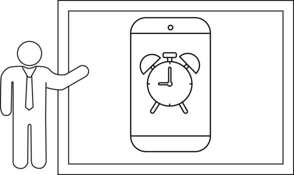 Outline business figure pointing to a framed smartphone displaying an alarm clock Simple design vector