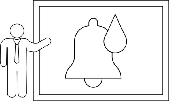 A figure points to a framed bell with a notification icon line art style vector