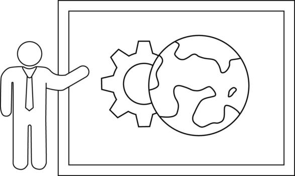 A stickfigure presenter gestures to a board displaying a cog and globe illustration vector
