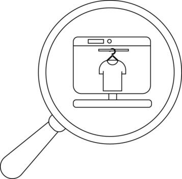 Magnifying glass focusing on a computer displaying a shirt on a hanger symbolizing online shopping vector