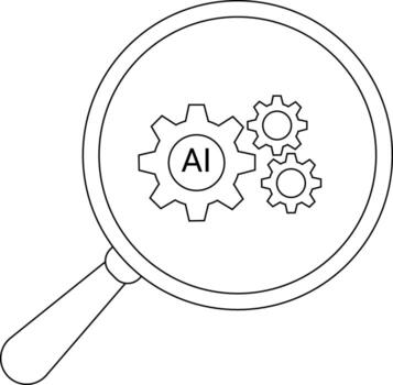 Magnifying glass showing three gears the largest marked AI vector
