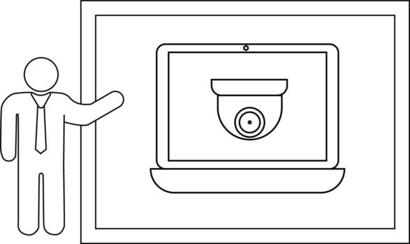 contorno muestra figura gesticulando a ordenador portátil mostrando seguridad cámara en marco vector