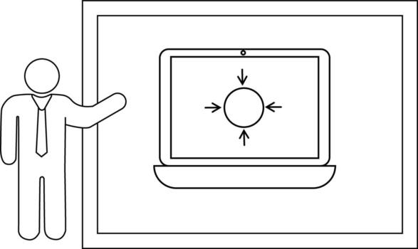 palo figura gesticulando a ordenador portátil en pantalla con flechas señalando interior a circulo vector