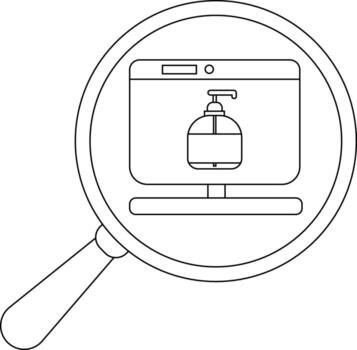 Magnifying glass focuses on a monitor displaying a soap dispenser icon vector
