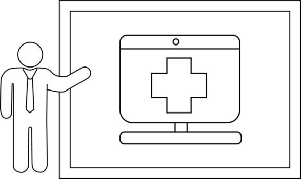 A stick figure gives a presentation on a computer monitor with a cross on it set within a frame vector