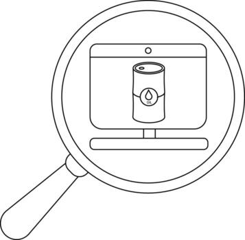 A magnifying glass enlarges a computer screen displaying a container labeled OIL vector