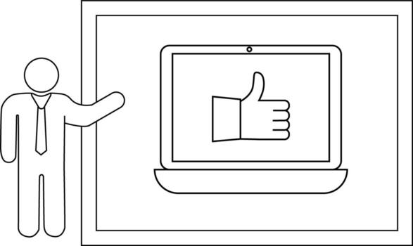 Line art shows a figure presenting a thumbsup icon on a laptop display set within a framed backdrop vector