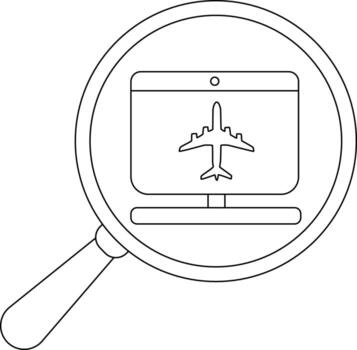 A magnifying glass reveals a computer screen displaying a simplified airplane outline vector