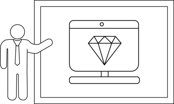Line drawing stick figure gestures toward a computer monitor displaying a diamond symbol framed within a larger border vector