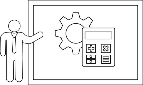 A man stands next to a whiteboard with a gear and calculator drawn on it vector