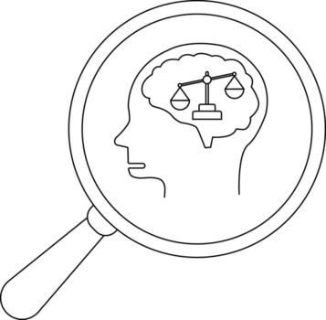 A head profile contains a brain with a scale inside viewed through a magnifying glass vector