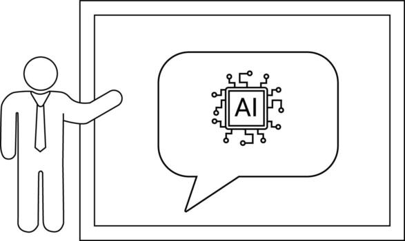 Presentation with a stick figure pointing to a screen displaying a speech bubble with an AI chip icon vector