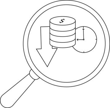 Magnifying glass focuses on a stack of coins with a dollar sign a clock and a descending arrow vector