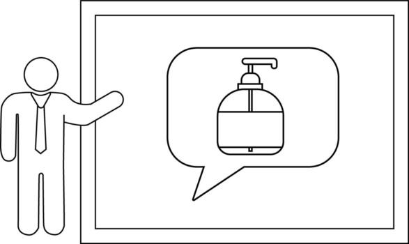 Line drawing figure pointing at a sign with a soap dispenser in a speech bubble double border vector