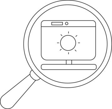 A magnifying glass showcases a computer monitor displaying a sun icon on the screen vector