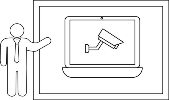 A laptop showing a security camera with a person presenting next to it vector