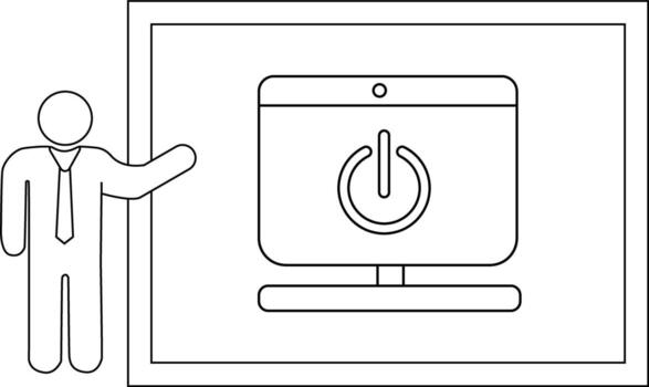 Stick figure in suit gestures toward computer screen with power icon on a framed background vector