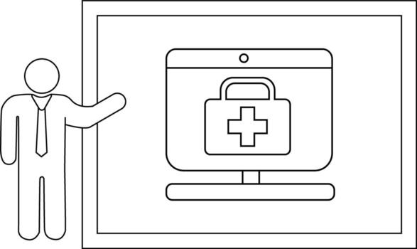 Man presenting monitor with medical bag icon on screen in frame vector