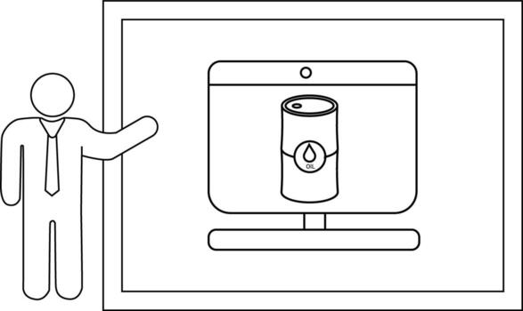 A person presents a computer screen showing an oil barrel in a framed setting vector