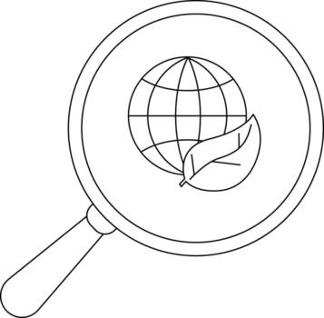 A magnifying glass shows a globe with a leaf in front of it vector