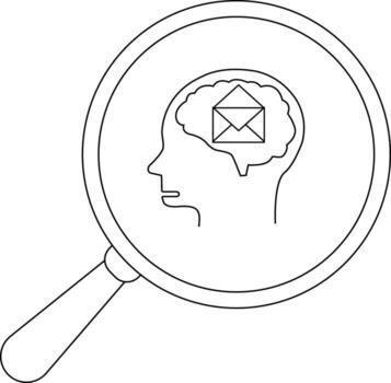 A magnifying glass focuses on a head profile with an envelope inside the brain outline vector