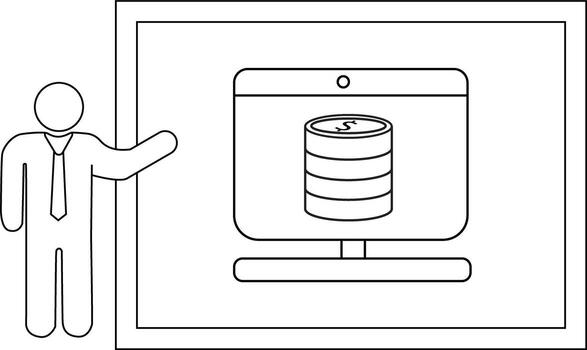 Figure pointing at screen with stack of coins in frame vector