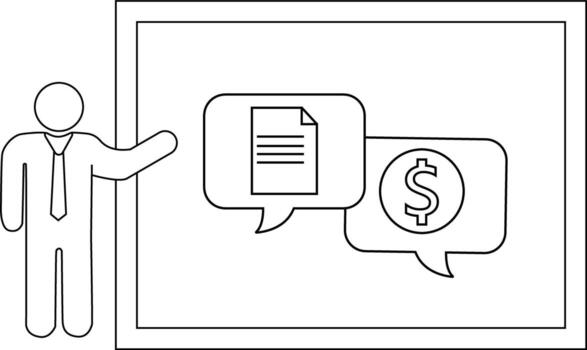 un presentador soportes siguiente a un pantalla demostración un documento y dólar firmar en habla burbujas vector