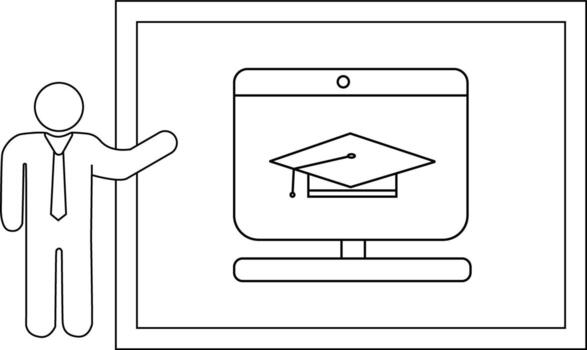A person presents a graduation cap on a computer screen within a framed display vector
