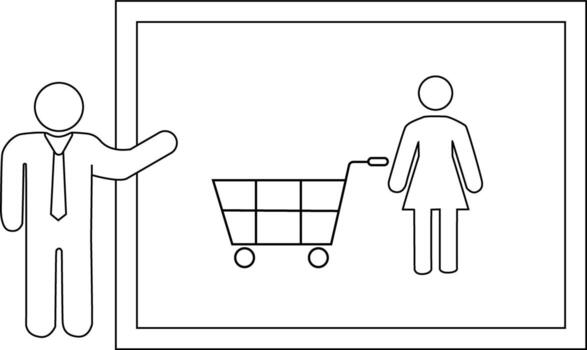 Image shows a person presenting a display of a woman and a shopping cart depicted in a framed setting vector