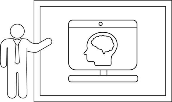 A person presents a monitor displaying a human head with a brain inside set within a frame vector