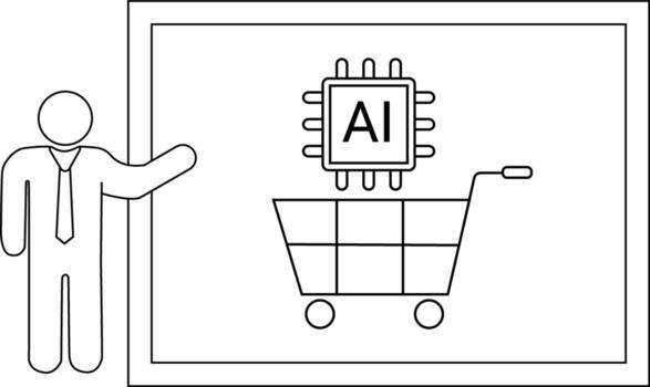 A presenter pointing to a screen showing an AI chip hovering above a shopping cart vector