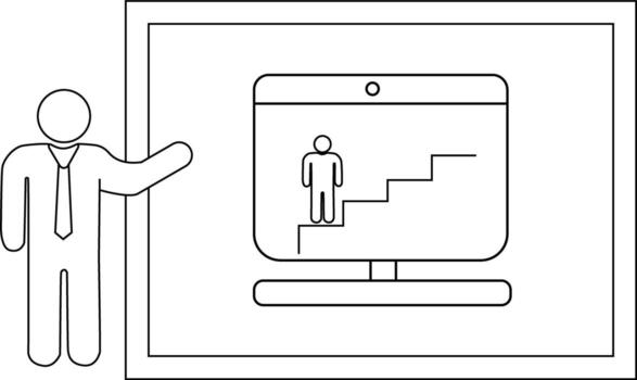 Presentation A stick figure in a suit presents a computer screen showing another stick figure climbing stairs vector