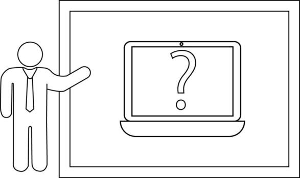 A person points to a screen with a question mark a frame surrounds all vector