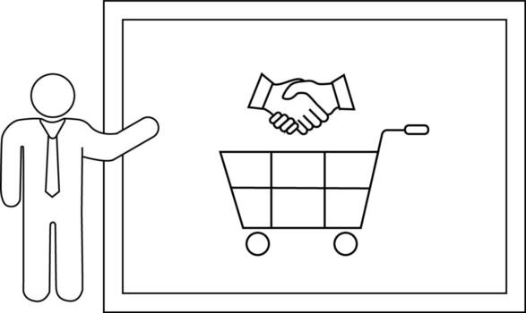 Stick figure points to a whiteboard with a shopping cart and handshake drawing vector
